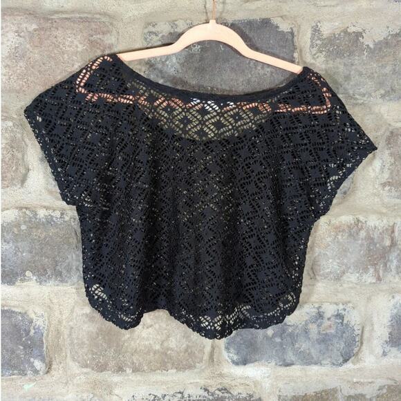 Grass Collection Top‎ Woman's Medium Black Lace Crochet Sheer Cropped Y2K - Picture 3 of 6